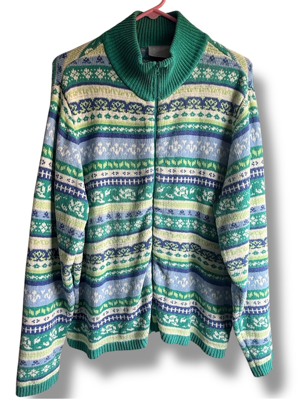 Vintage Blair Knit Fair Isle Zip Up Sweater Mock Neck Cardigan Sz. XL